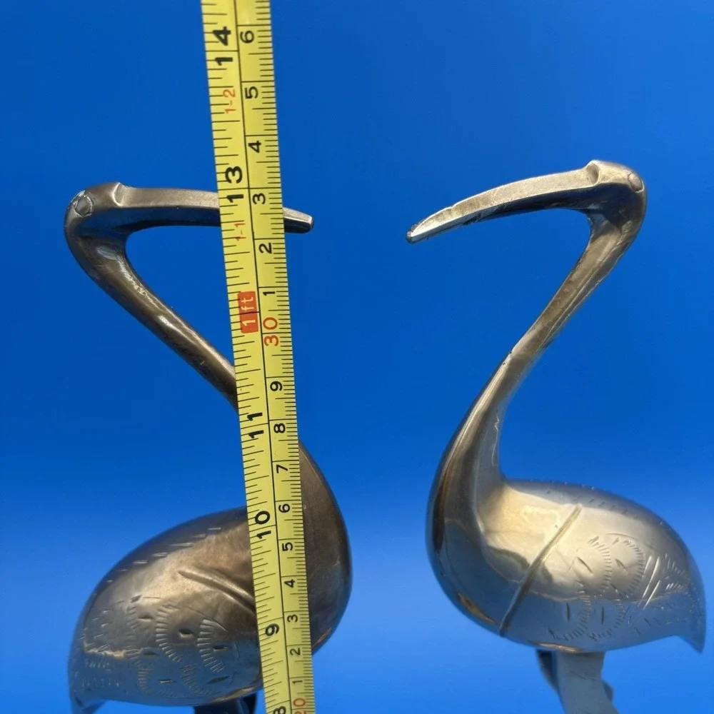 2 Lrg Brass Crane Egret Heron BIRDS Figurines on Pedestal 13